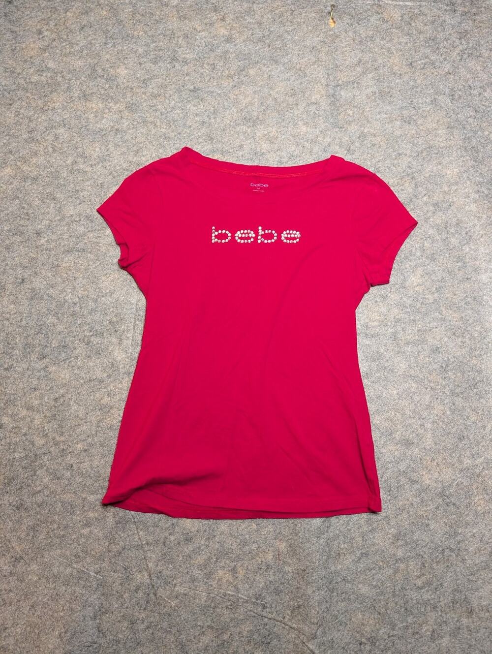 BEBE Red Bling Rhinestone Crystal Logo Top Medium Fitted Y2K Logo